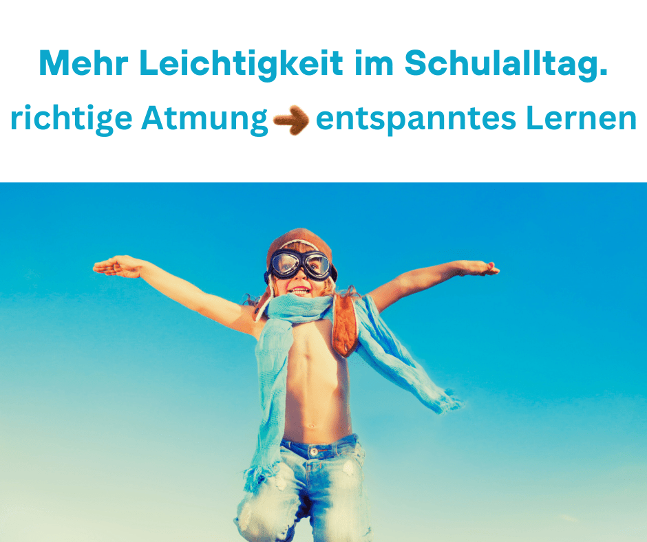 Kind mit Pilotenbrille und Schal vor blauem Himmel, Grafik zum Atemkurs für den Schulalltag