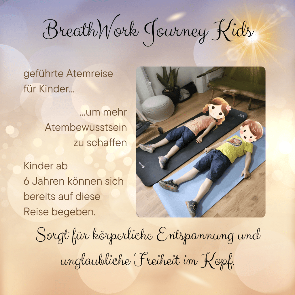 Zwei Kinder liegen entspannt auf Matten, Grafik zur BreathWork Journey für Kinder ab 6 Jahren